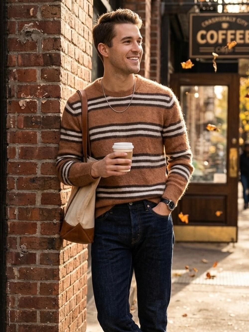 Todd Snyder Italian Mohair Striped Crewneck in Camel/Brown/Cream Size L